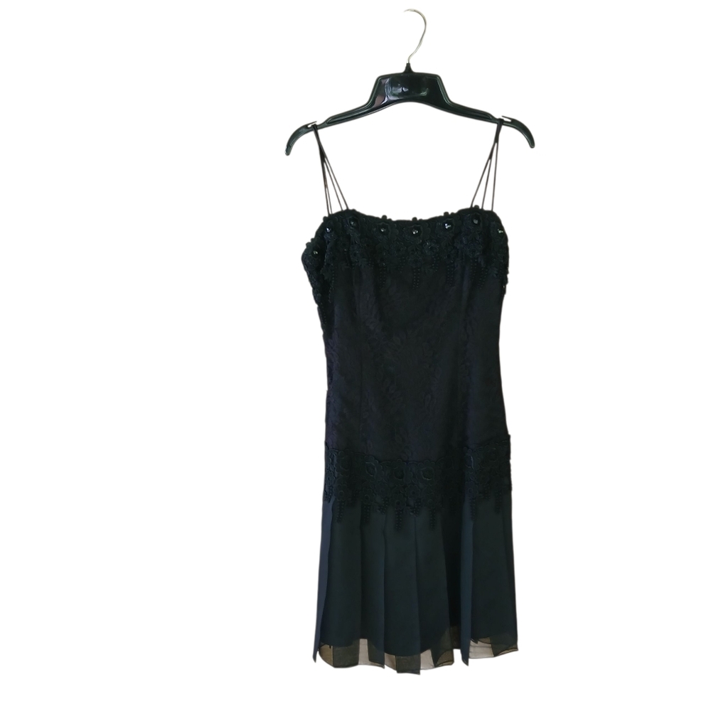 Jessica McClintock Vintage Black Beaded Lace Overlay Pleat Hem Midi Dress Size 6